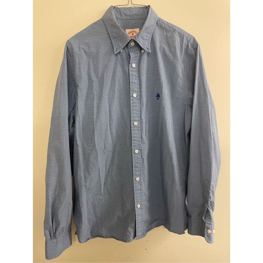 Mens BROOKS BROTHERS Large Button Shirt- Blue/White Dot Long Sleeve Dress